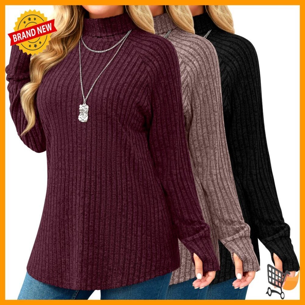 Plus Size Turtleneck Sweater Tunics Long Sleeve Thumbhole Ribbed Loose Pullover